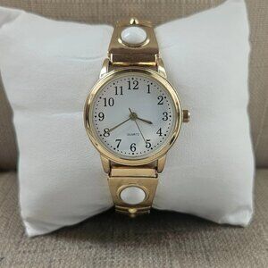 Accutime Women Wristwatch Quartz Analog White Beads Gold Tone Stretched Band